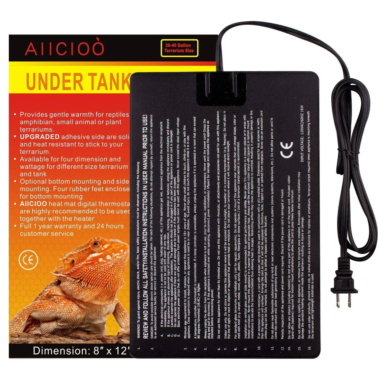 Aiicioo Reptile Heating Pad - Hermit Crab Heater Heat Mat for Reptiles Snake Lizard Terrarium 16 Watt