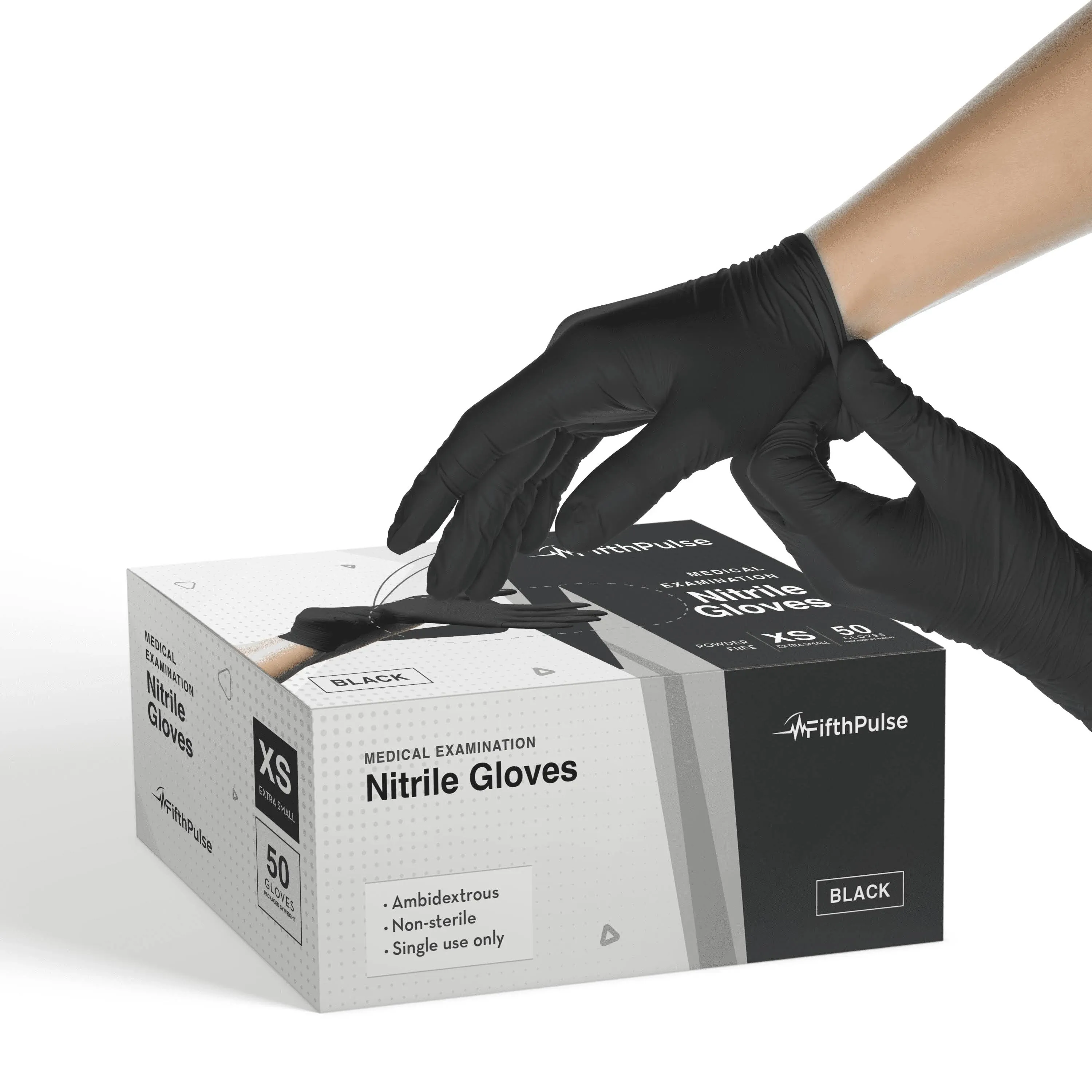 Fifth Pulse Nitrile Exam Latex Free & Powder Free Gloves - Black - Box of 50 Gloves (XS)