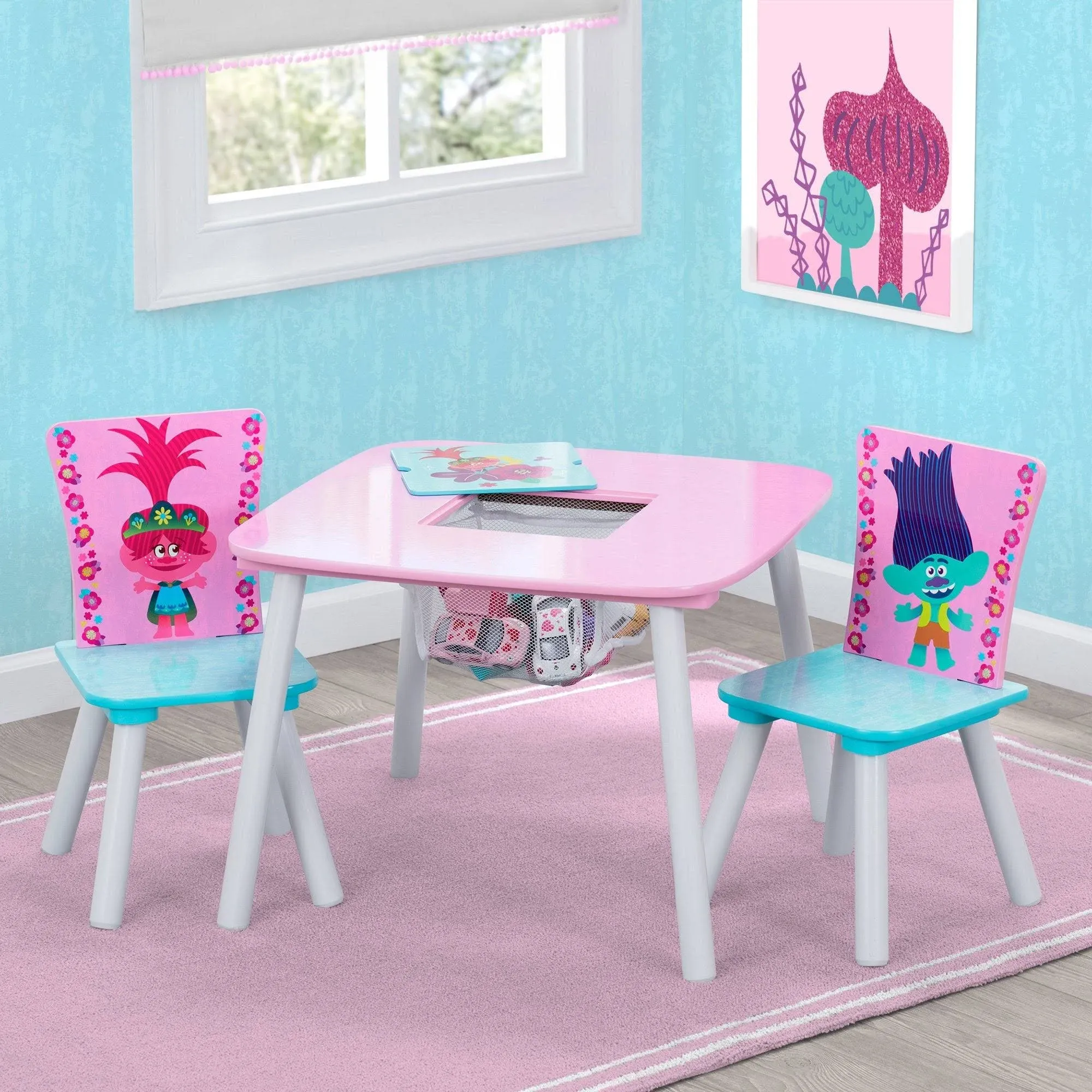 Delta Children Kids Table and Chair Set with Storage (2 Chairs Included), Trolls World Tour