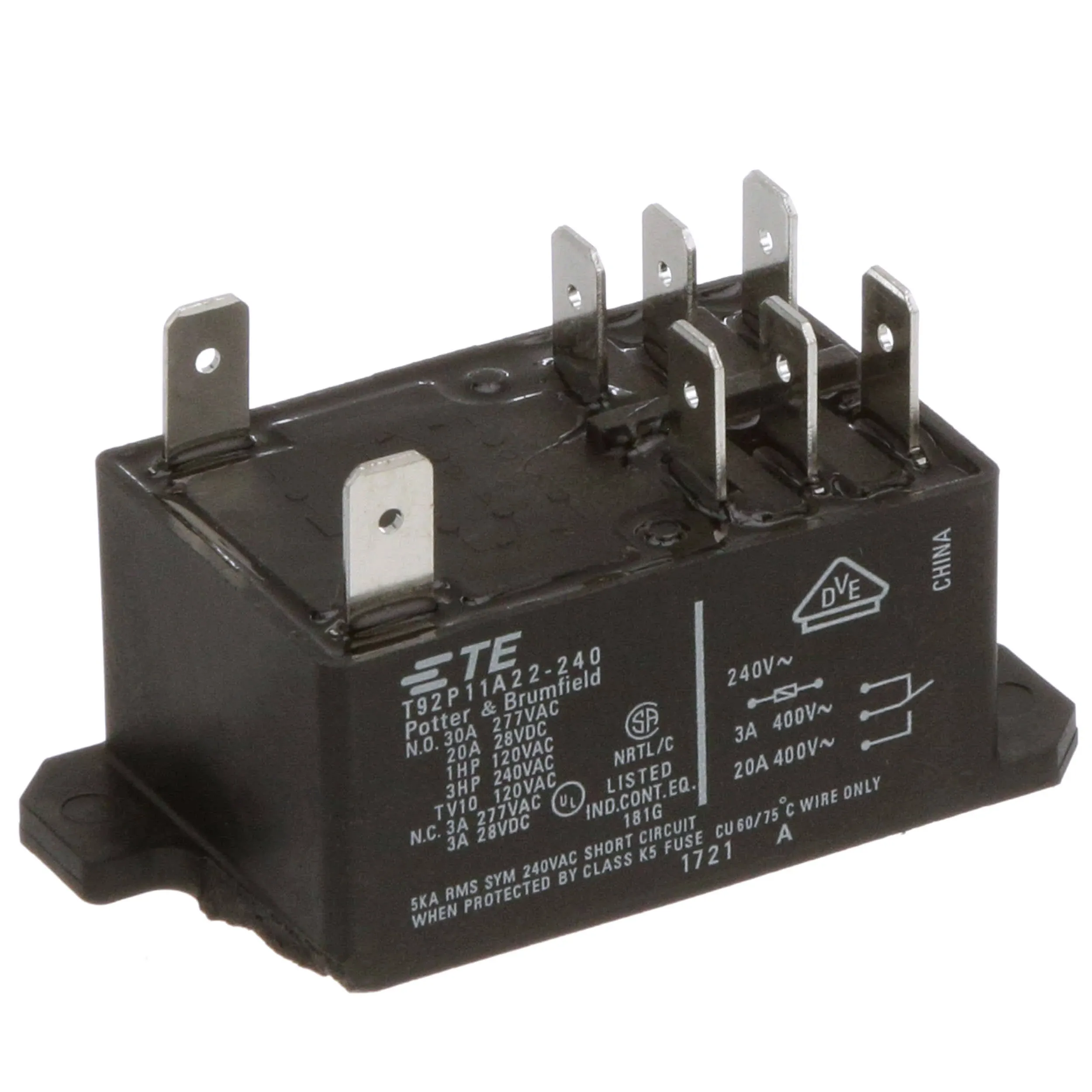 / POTTER & BRUMFIELD T92P11A22-240 POWER RELAY, DPDT, 240VAC, 30A, PANEL by TE CONNECTIVITY / POTTER & BRUMFIELD