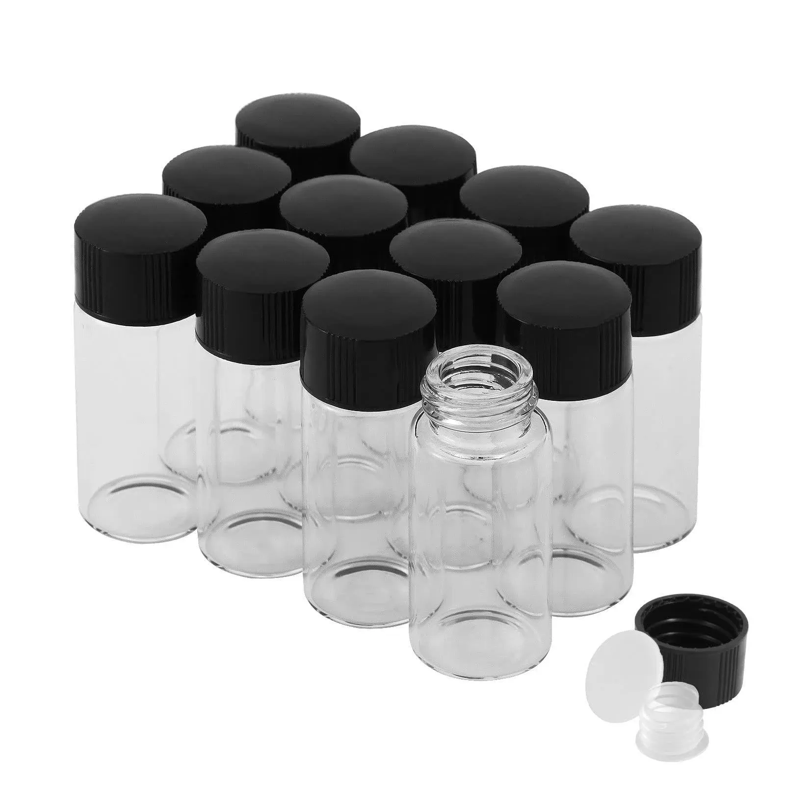 10ml Clear Glass Vials with Screw Caps and Plastic Stoppers, Small Liquid Sample Vial, Leak-Proof Vial, 12PCS