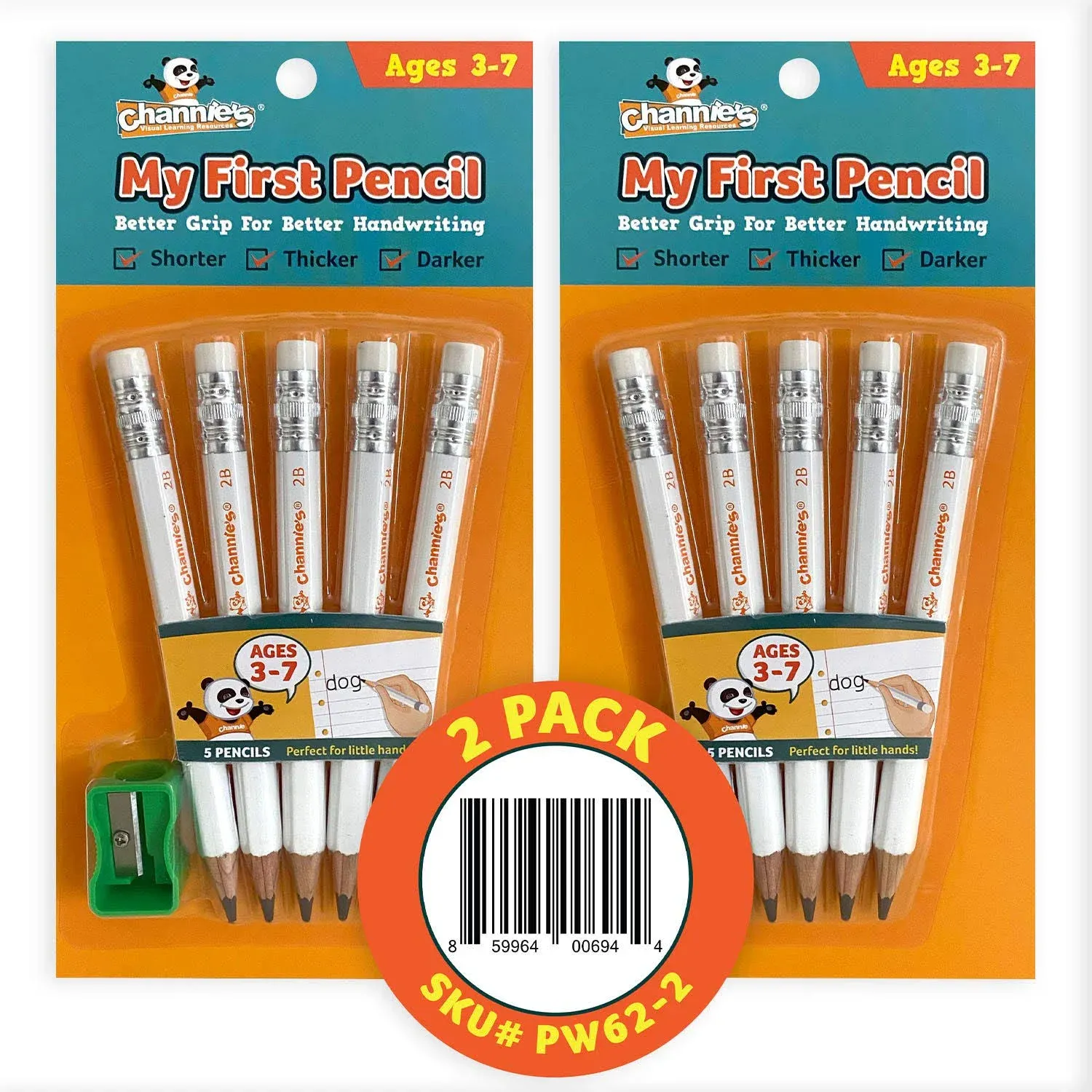 Channie's My First Pencil- 2 Pack-White-Easy to Hold- with Sharpener, Black