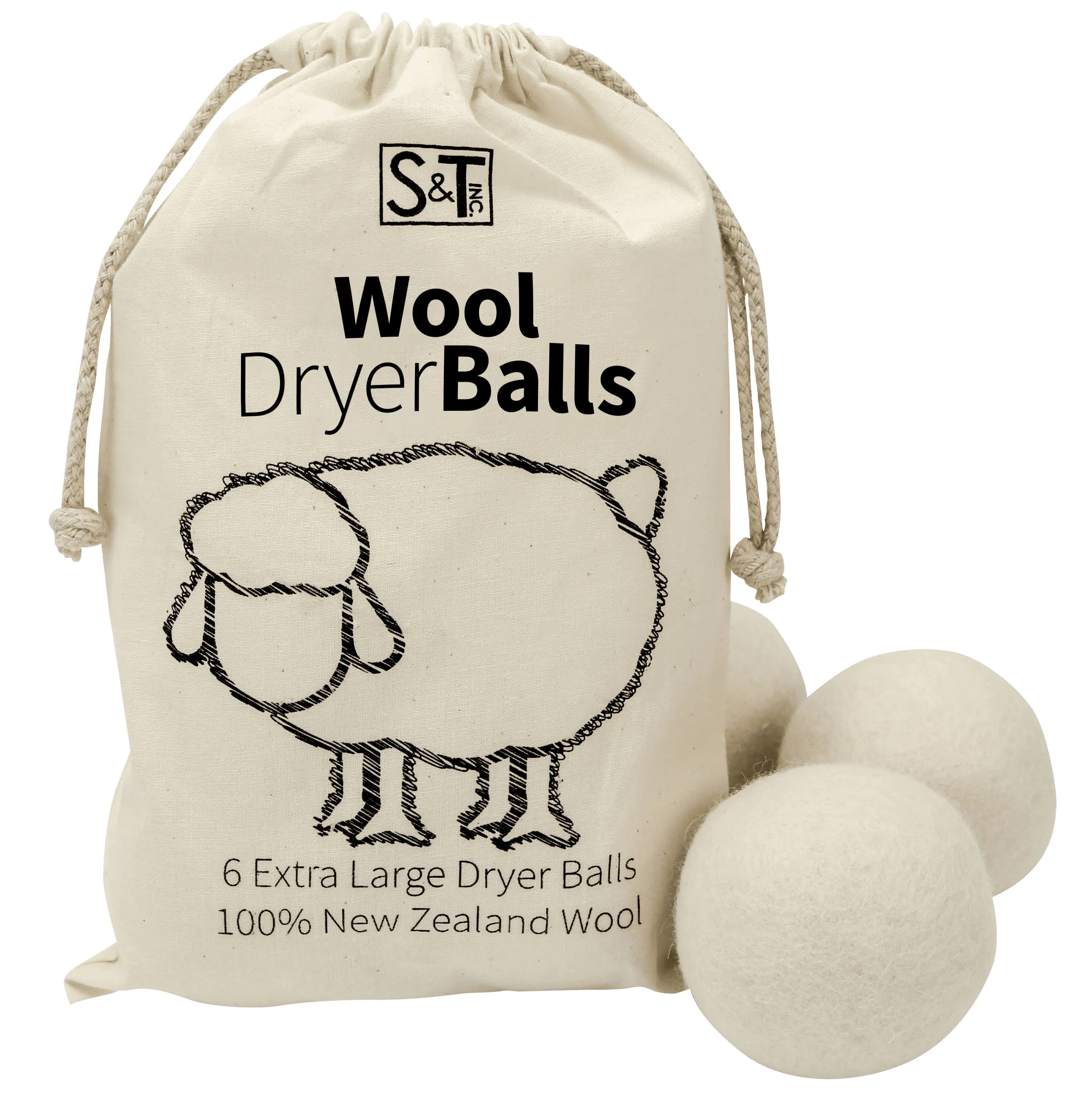 S&T INC. New Zealand Wool Dryer Balls - Extra Large Size - Natural White Wool, 6 Count Pack