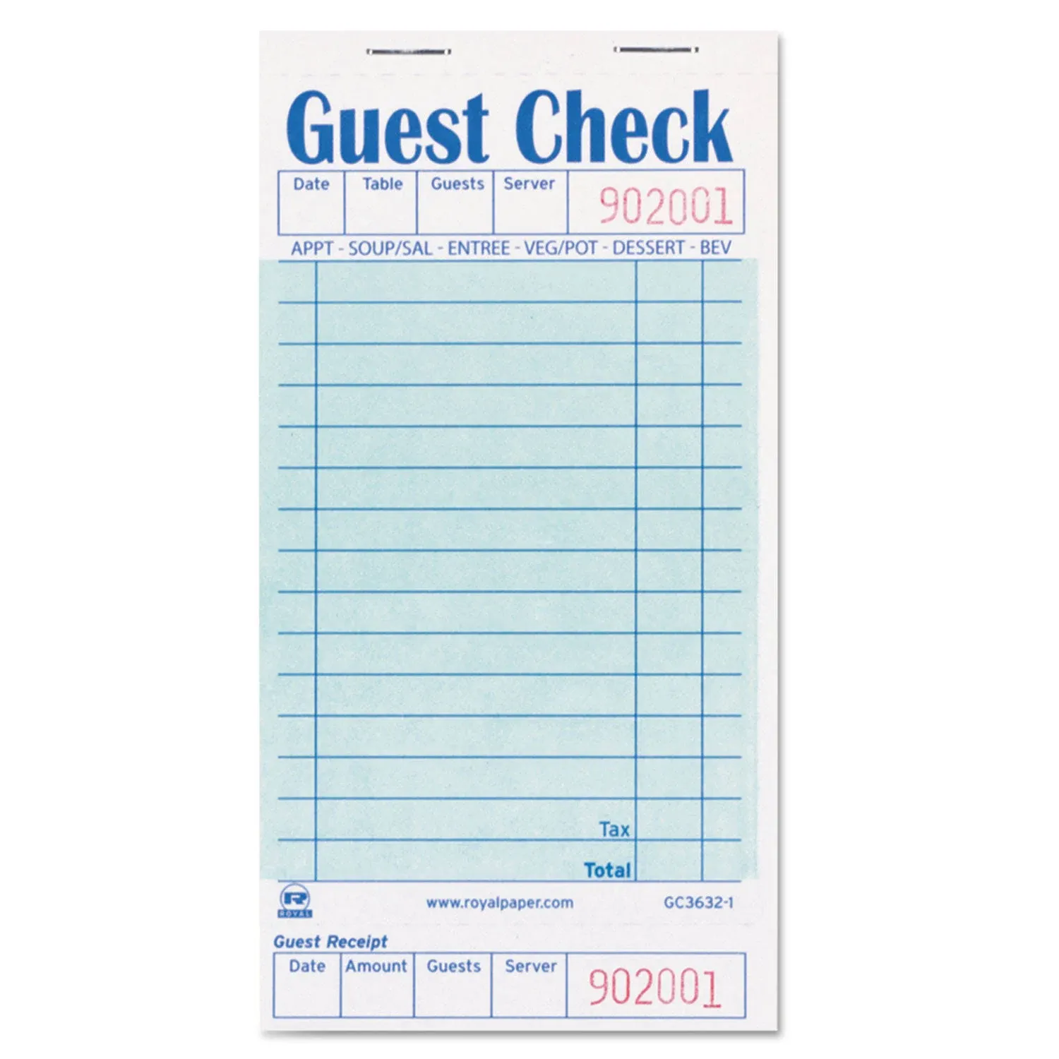 Royal Guest Check Book 3 1/2 x 6 7/10 50/Book 50 Books/Carton GC36321