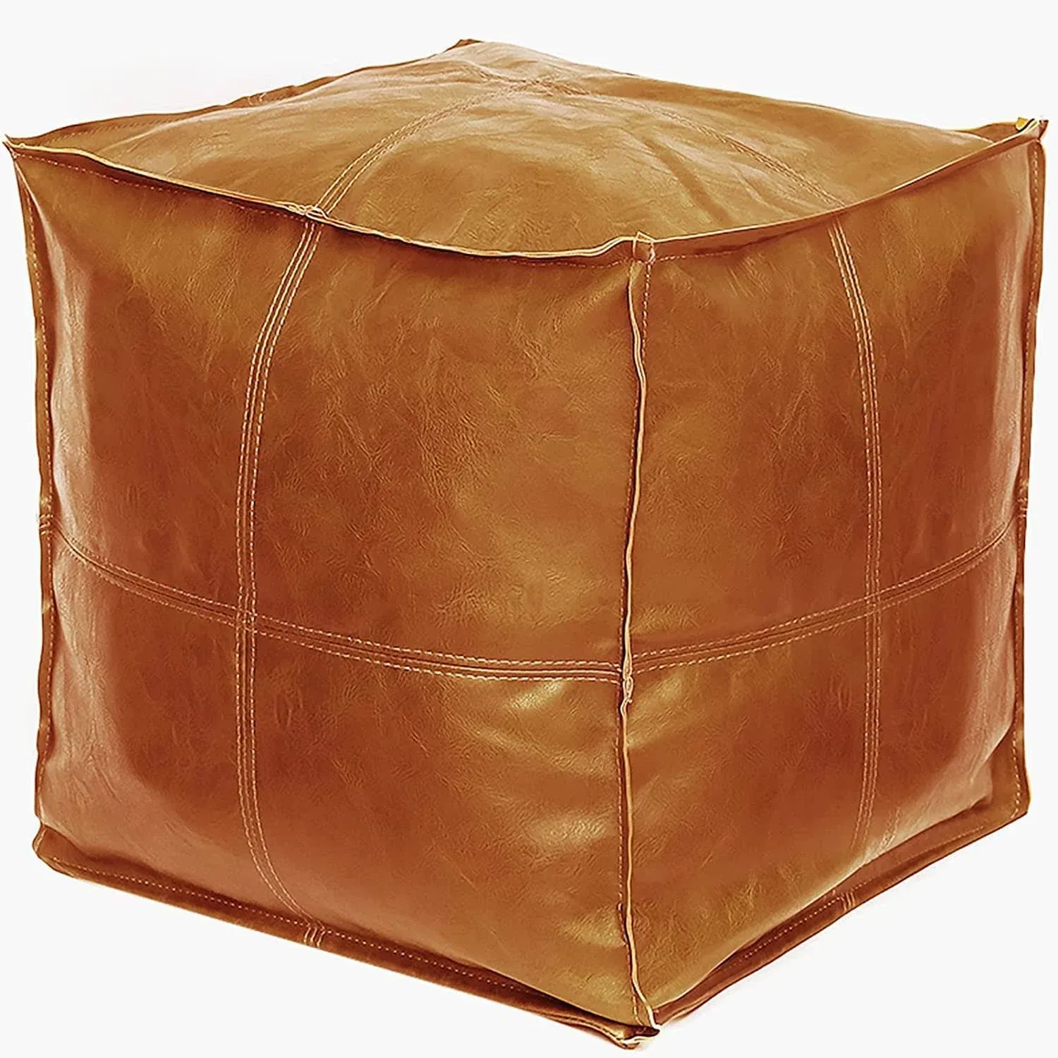 Pouf Ottoman, Unstuffed Pouf Cover, Handmade Faux PU Leather Moroccan, Orange Br