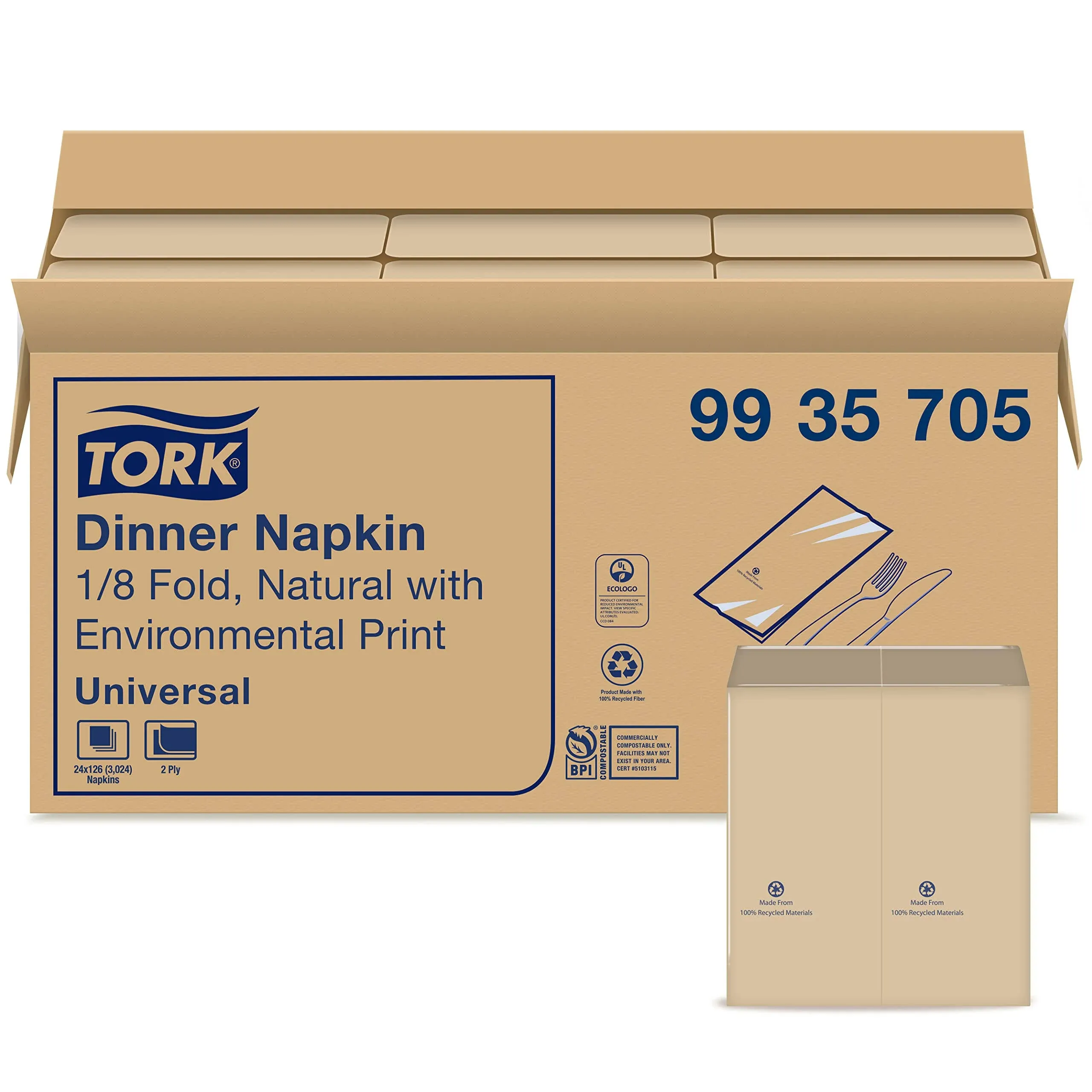 Tork Natural Dinner Napkin, 1/8 Fold 2-ply, 15" x 16.3", 24 x 126 napkins, 9935705