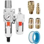 NANPU 3/8" NPT Auto-Drain Air Filter Regulator Lubricator Combo (FRL) Water/Oil Trap Separator - Gauge(0-150 psi), 5 Micron Brass Element, Poly Bowl, Metal Bracket