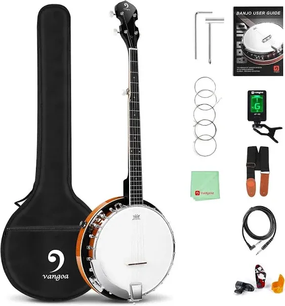 Vangoa Banjo 5 String Acoustic Electric Full Size Closed Back Set with Mahogany Resonator Remo Head Banjoe 24 Brackets with Geared 5th Pegs for Beginners Adults