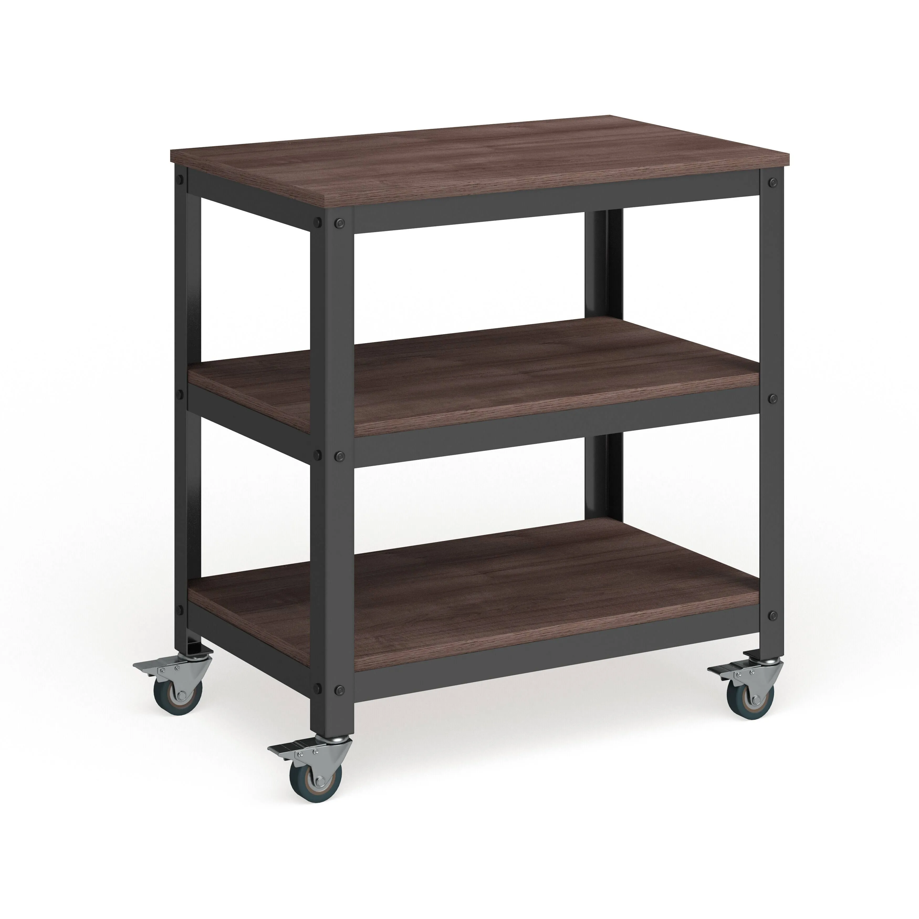 Modway Vivify Industrial Modern Three Tiered Serving Stand Rolling Cart in Gray Walnut