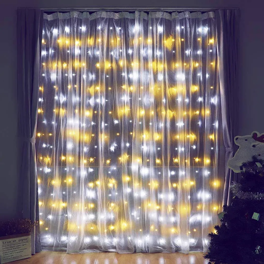 HEYFUNi Fiee Curtain Lights,304L 9.8ftX9.8ft 30V 8Modes Safety Window Lights for Home Wedding Christmas Party Patio Lawn Garden Bedroom Outdoor Indoor Wall Decorations (304LED, Warm White+White)