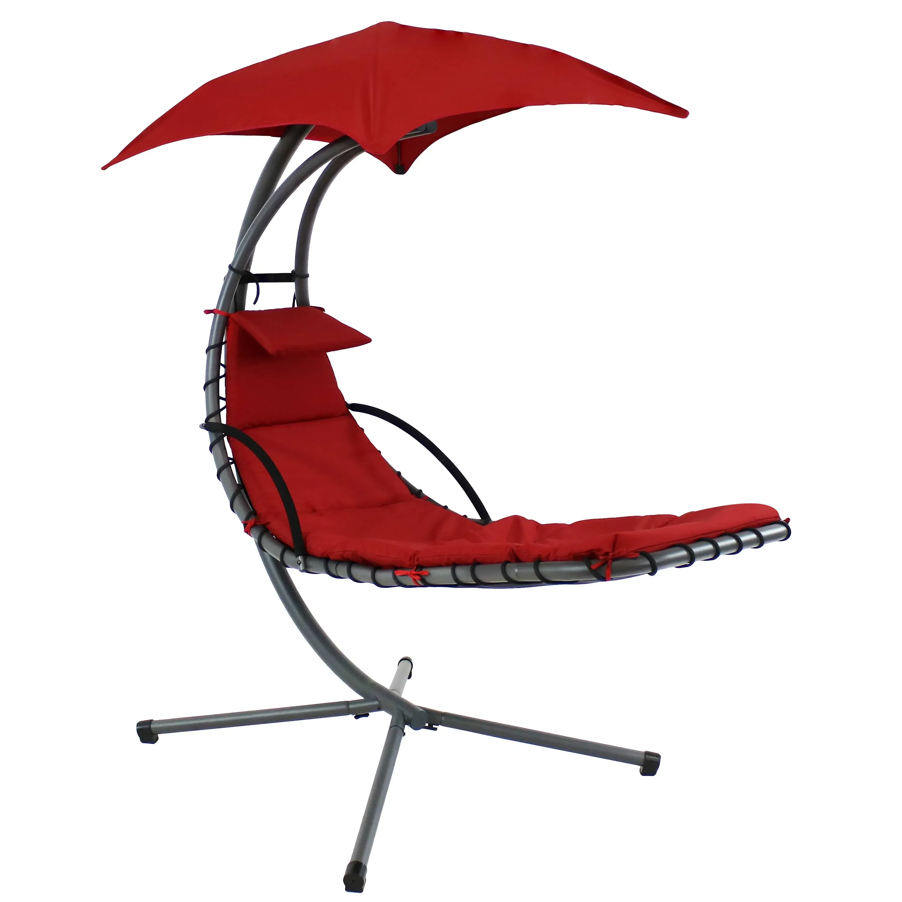 Sunnydaze Outdoor Hanging Chaise Floating Lounge Chair with Canopy Umbrella and Stand, Red