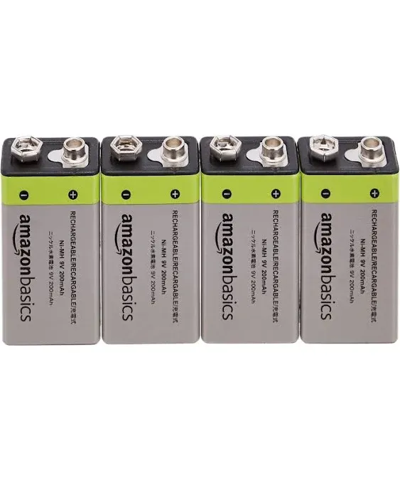 Amazon Basics 4-Pack Rechargeable 9 Volt NiMH Batteries, 200 mAh, Long Lasting Power, Recharge up to 1000x Times , Pre-Charged