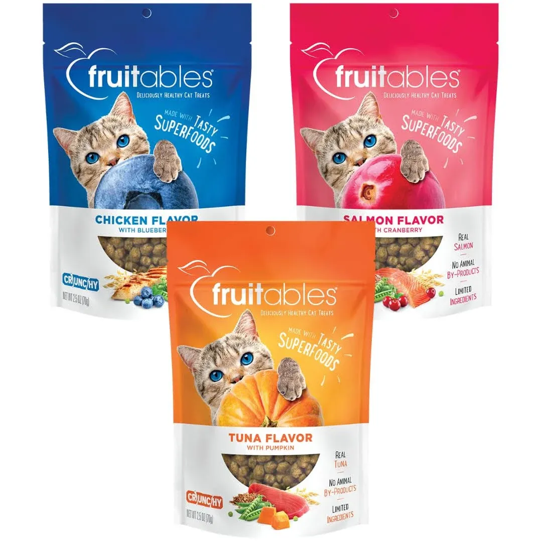 Fruitables Cat Treats | Crunchy Cat Treats | Healthy Low Calorie Cat Treats Packed with Protein | Free of Wheat, Corn and Soy | 2.5 oz (Pack of 3)