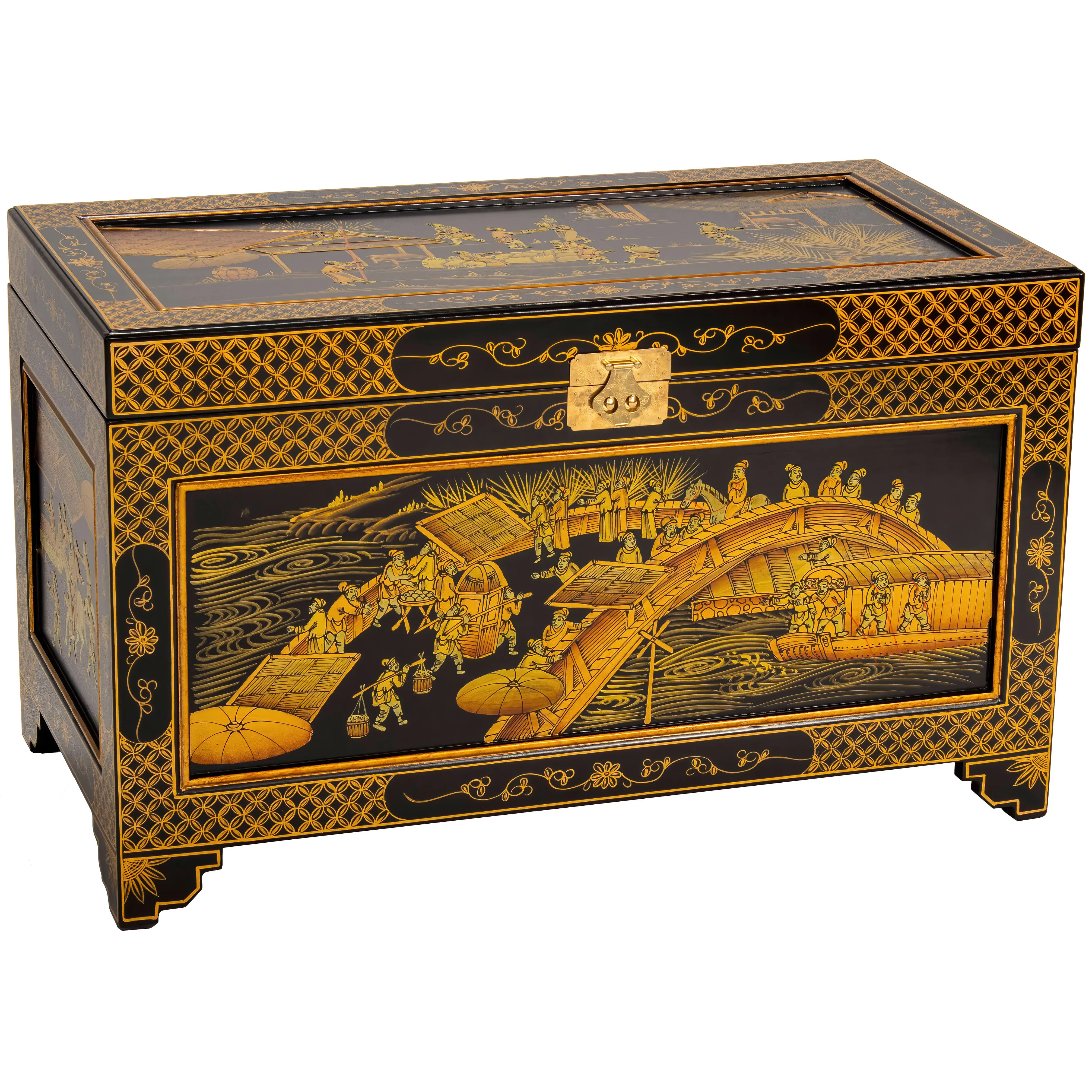 Red Lantern Hand Crafted Artisanal Black Lacquer Trunk - Ching Ming