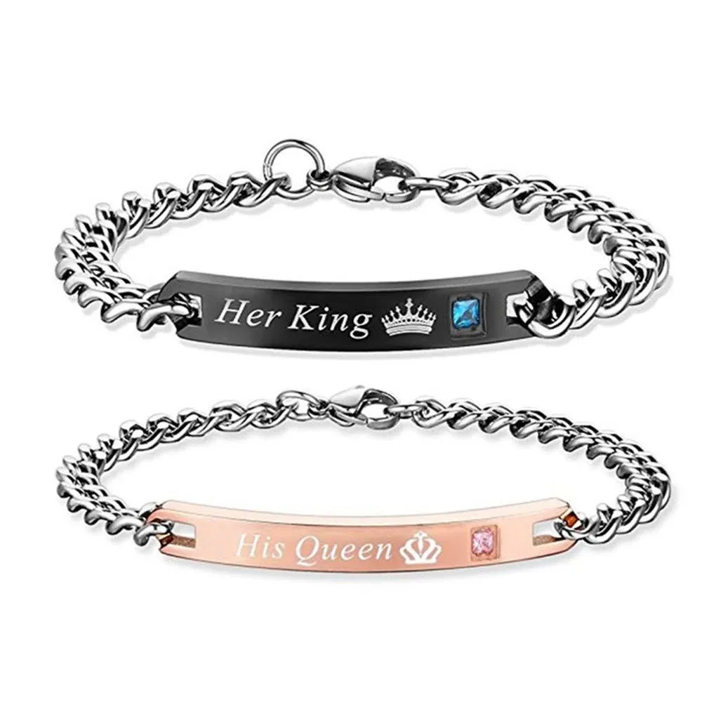 Gift for Lover His Queen Her King Stainless Steel Couple Bracelets for Women Men