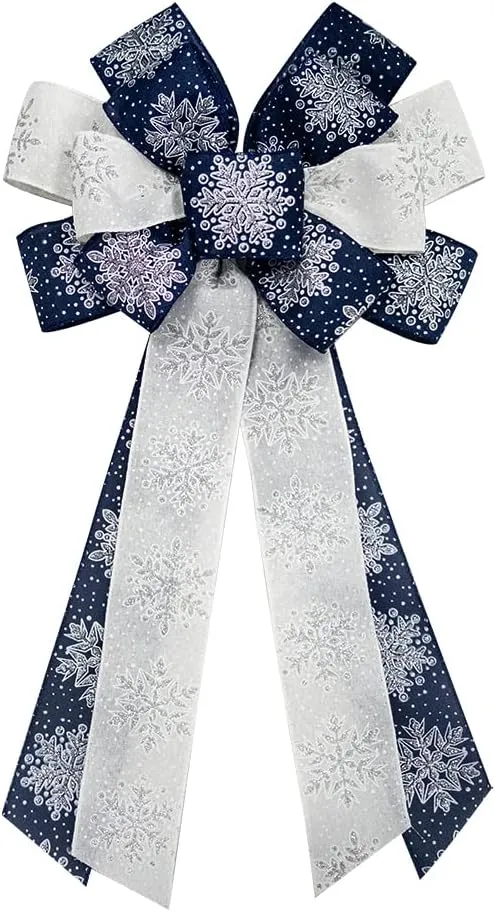 Large Christmas Wreath Bows Christmas Navy Blue Snowflake Ribbon Bows for Wre...