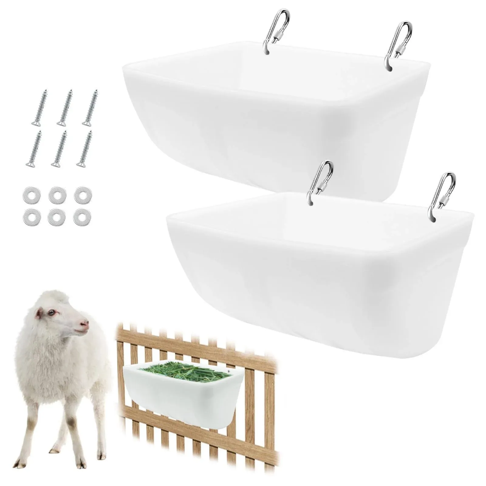 2 Pack Chicken Feeder Feed Trough with Clips Hanging Fence Feeder for Goat Chicken Duck Goose Deer Sheep Piglets Poultry Waterer Bucket Feeding Container for Livestock Goat Feeder Supplies(White)