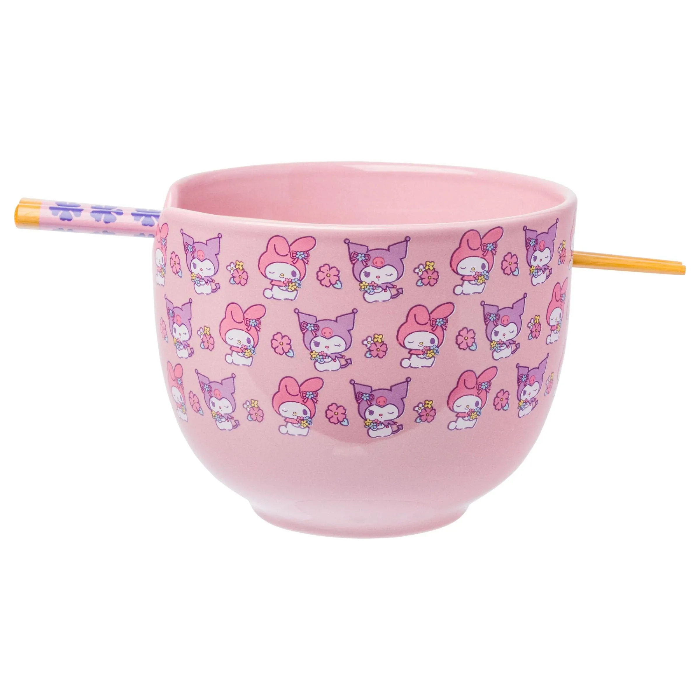 Silver Buffalo Sanrio My Melody and Kuromi Pastel Floral Pattern Ceramic Ramen Bowl with Chopsticks