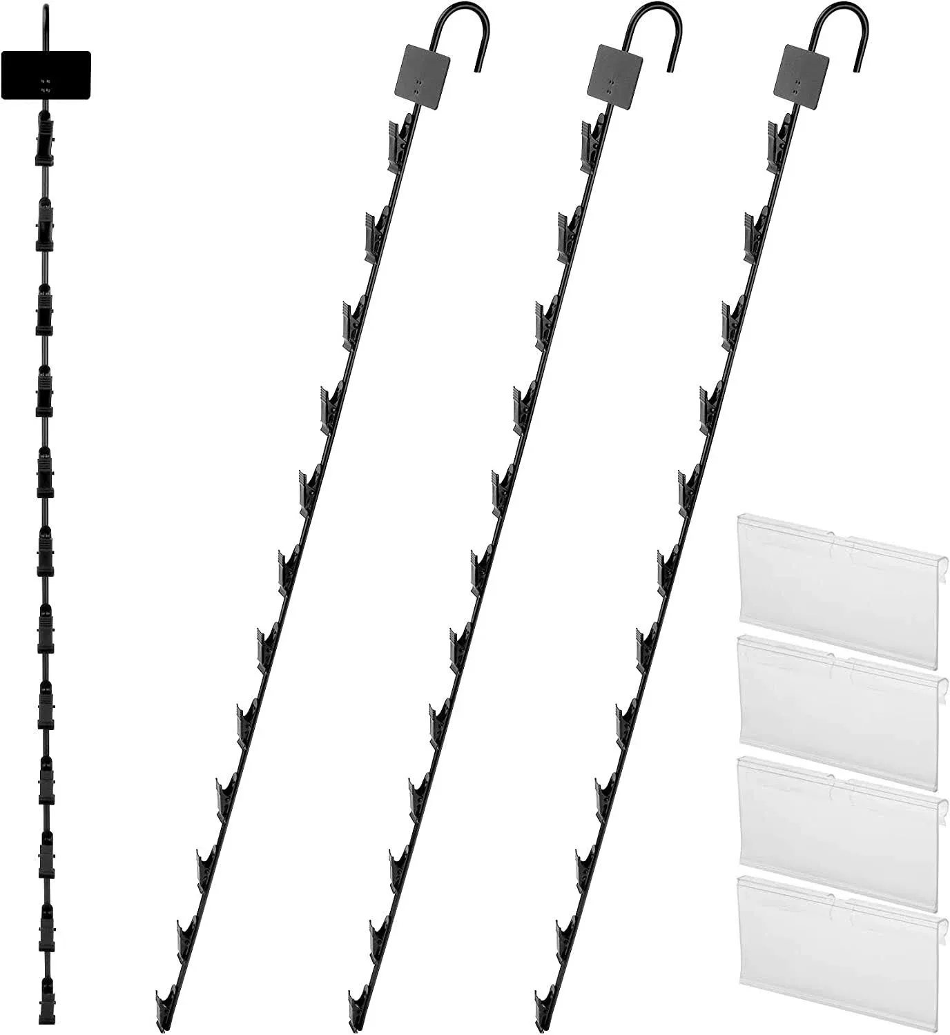 Hanging Merchandise Strips with Hooks, Pack of 4 – 31”Chip Rack with 12 Clips, Chips Holder, Hanging Display Strip for Retail Displaying (Black)