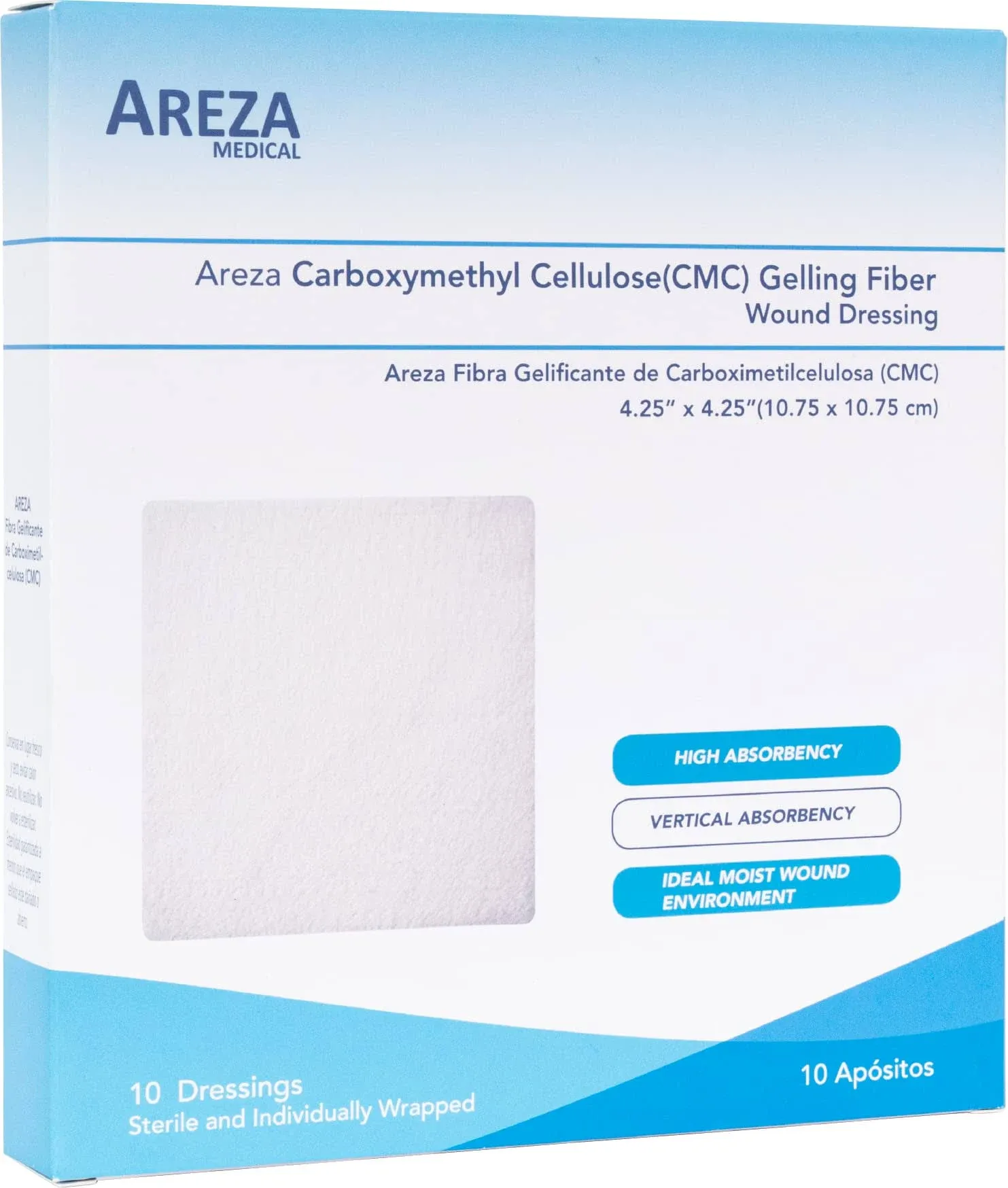 Areza CMC Gelling Fiber Wound Dressing 4.25” x 4.25” (10.75 x 10.75 cm) 10 PCS per Box (1 box)