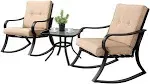 Solaura 3-Piece Outdoor Rocking Chairs Bistro Set, Black Iron Patio Furniture with Brown Thickened Cushion & Glass-Top Coffee Table