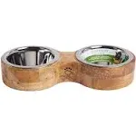 Dog Bowl Set - 2 Stainless Steel Bowls & Wooden Feeder Stand for Food & Water - Perfect for Dogs & Cats | Durable Elegant Mango Wood Holder | No-Slip, No-Spill Design - Small/10oz