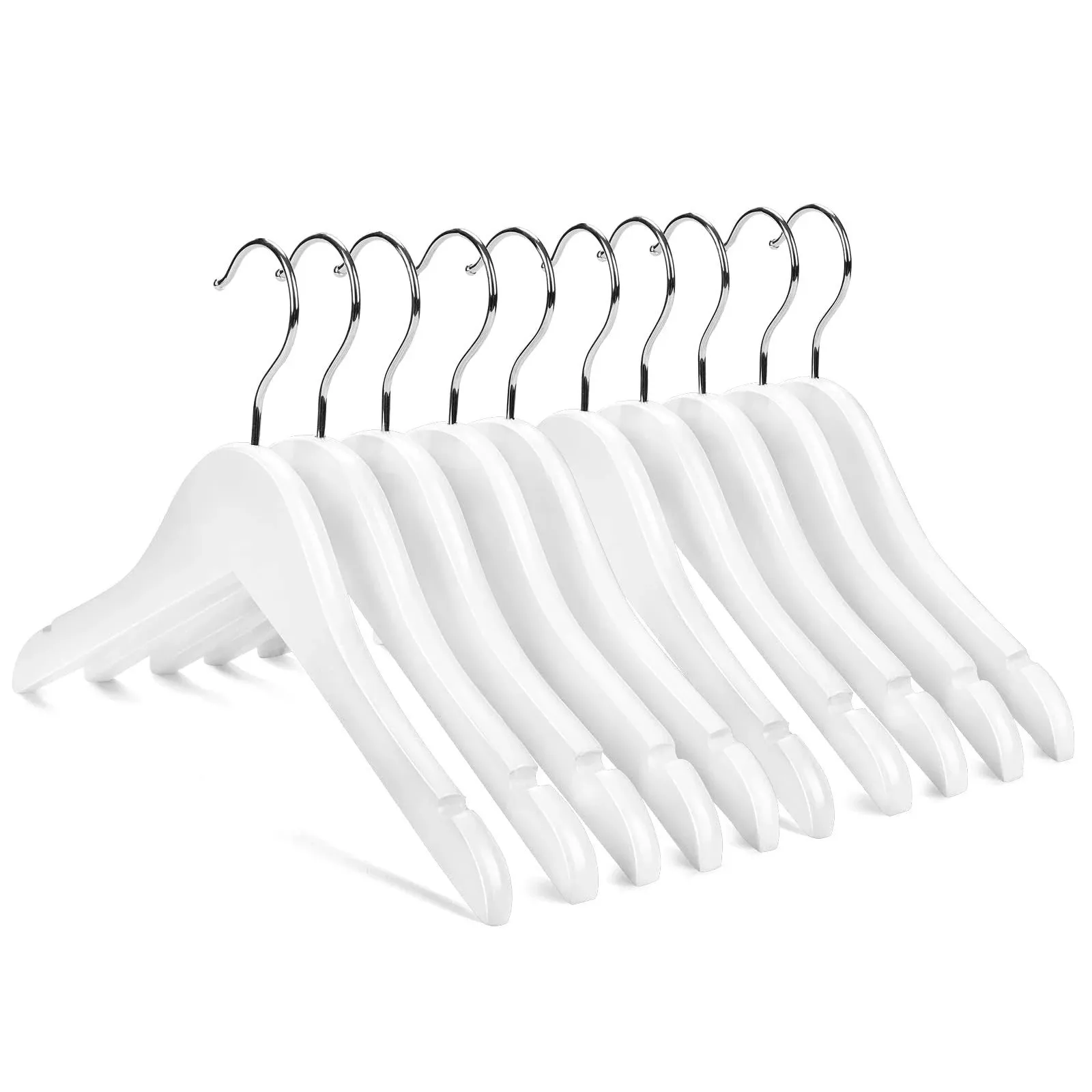 Nature Smile Kids Baby Children Toddler Wooden Shirt Coat Hangers with Notches and Anti-Rust Chrome Hook Pack of 10 (White)