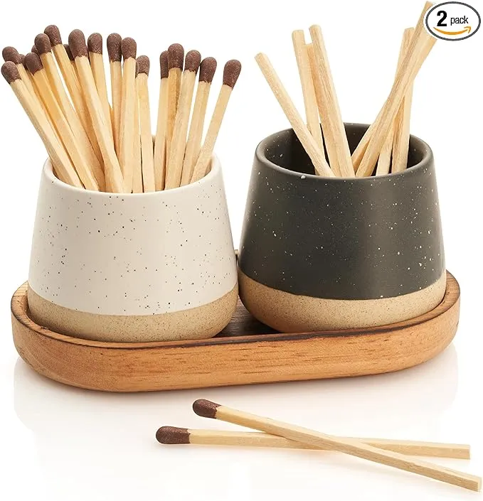 KIBAGA Decorative Ceramic Match Holder with Wooden Tray - Set of 2 Beautiful ...