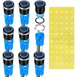 DaierTek 12V Latching Push Button Switch 19mm ON Off Black Metal Pre-Wired 12 Volt Blue Led Light Illuminated Waterproof Button for Marine RV -8 Pack