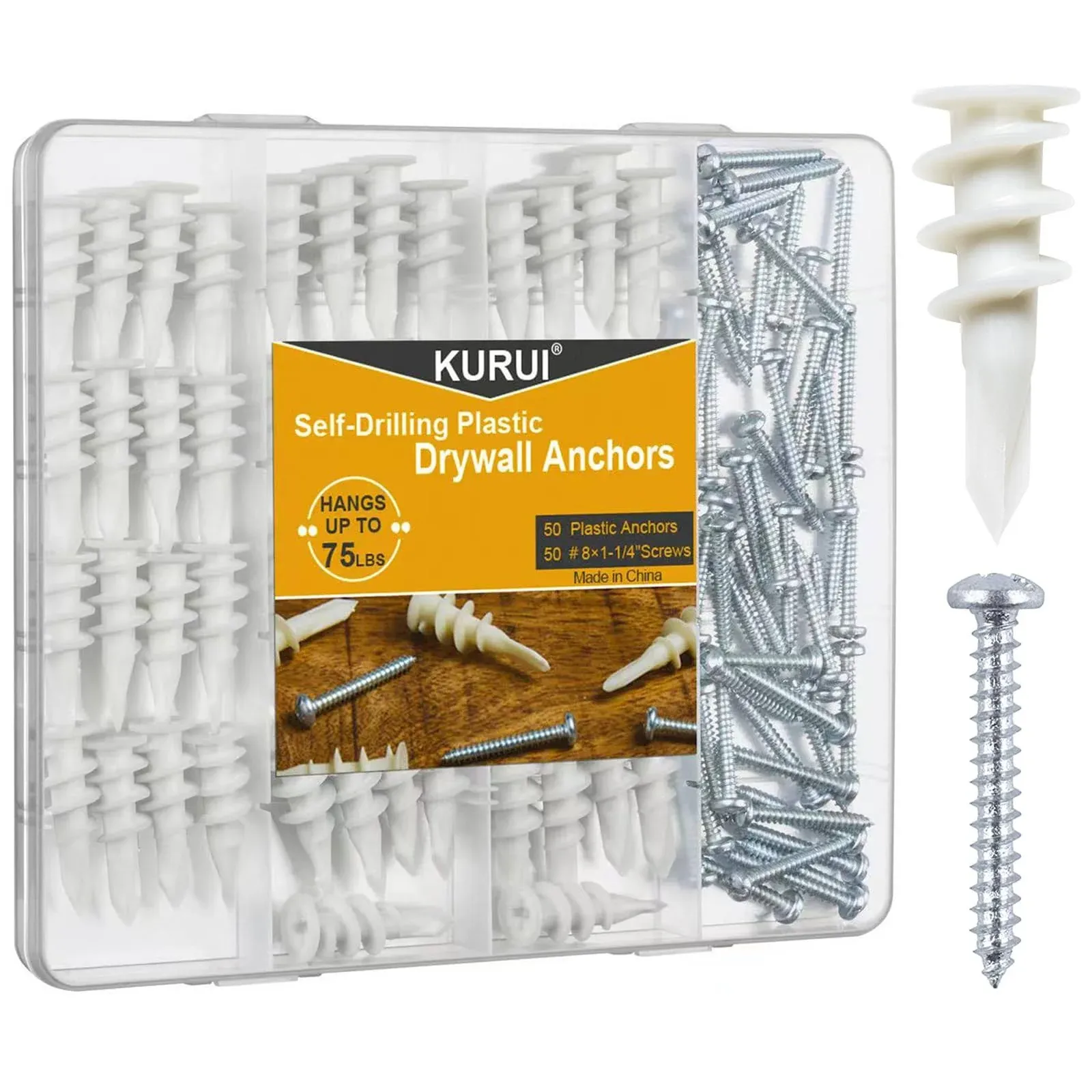 KURUI #8 Self Drilling Drywall Anchors, 100PCs Dry Wall Anchors and Screws for Drywall, 50 Self-Tapping/Threaded Plastic Sheetrock Anchors + 50#8 x 1-1/4'' Screws, Heavy Duty 75LB Hanging