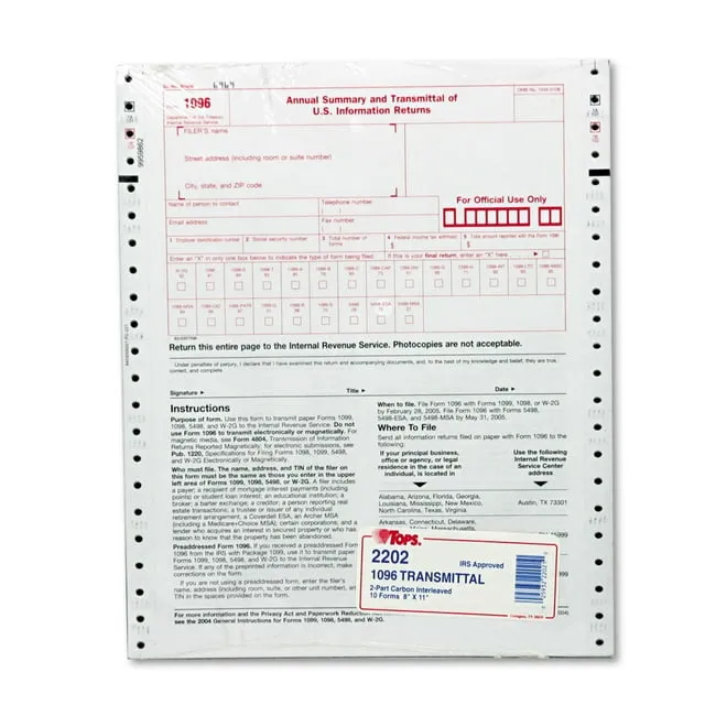 Tops 1096 summary Transmittal Tax Forms