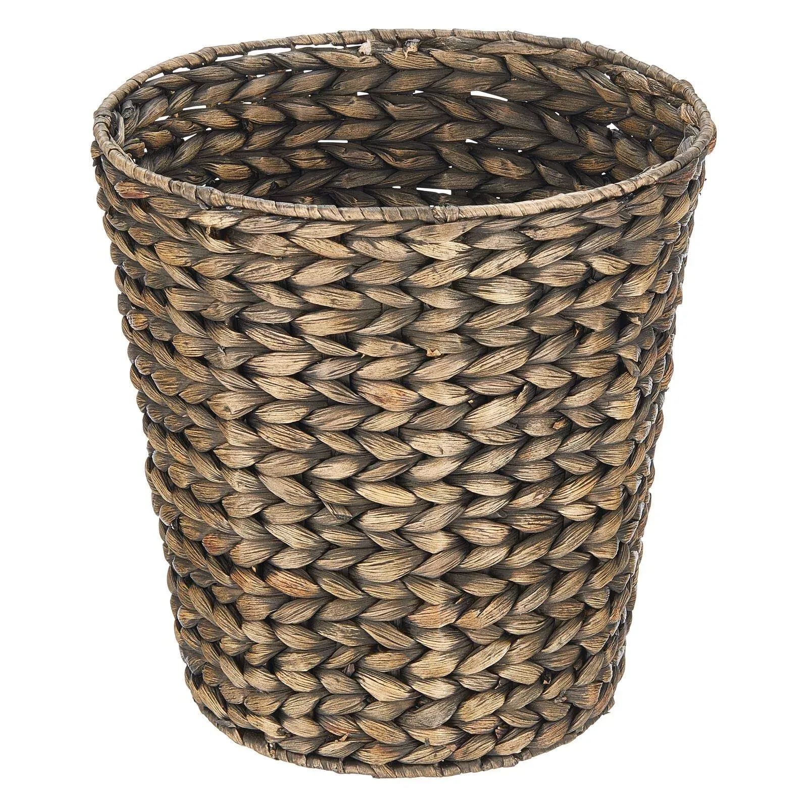 mDesign Water Hyacinth Waste Basket Boho Woven Trash Can - Small Round Natural Wastebasket Garbage Bin for Bathroom Essentials - Woven Arrow Pattern - Black Wash