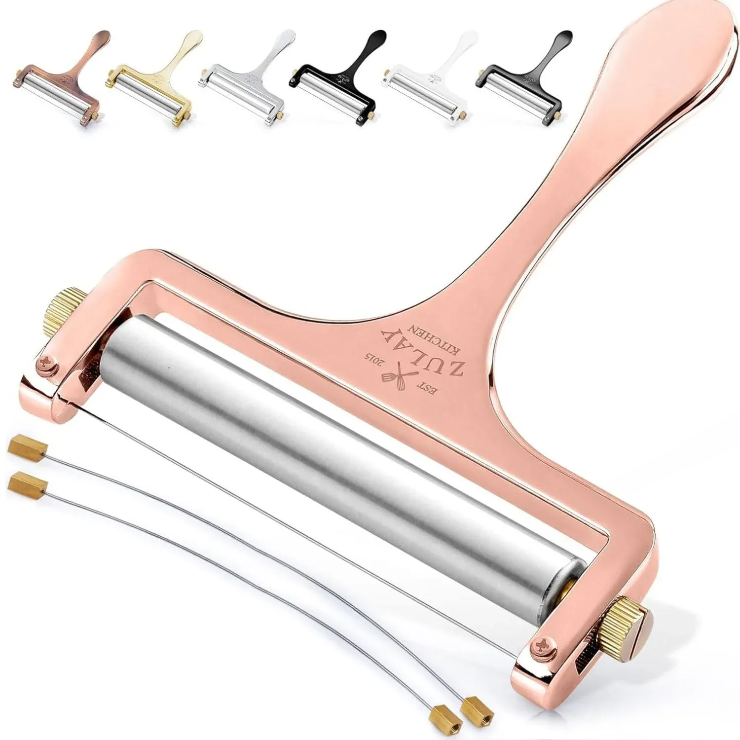 Zulay Cheese Slicer With Adjustable Thickness - Wire Cheese Slicer For Mozzarella Cheese, Cheddar Cheese, Gouda Cheese - Cheese Slicers For Block Cheese Heavy Duty With 2 Extra Wires (Rose Gold)