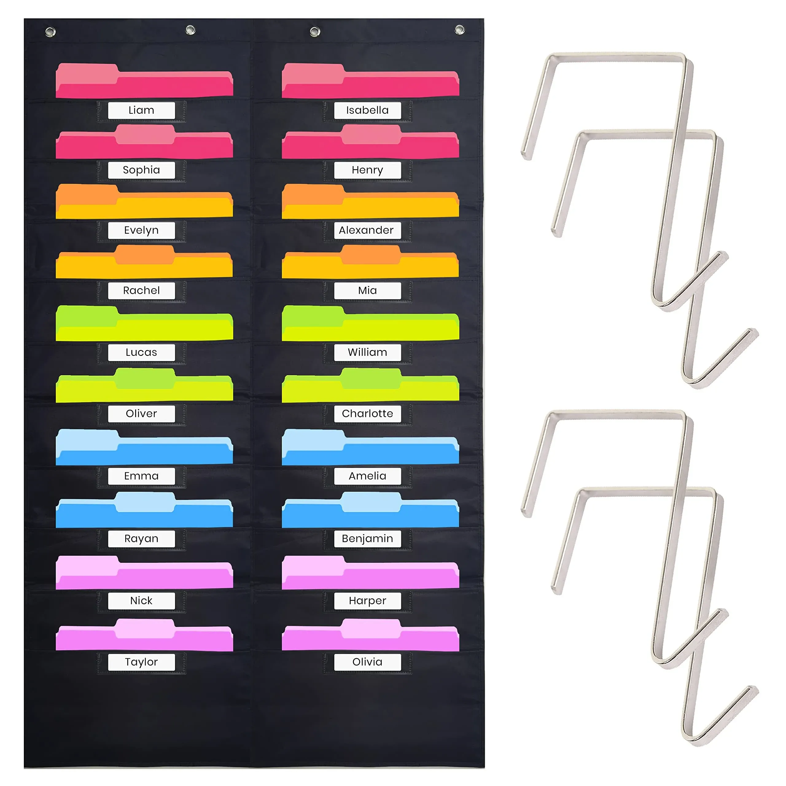 Black Pocket Chart for Classroom - 20 Pocket Storage Black Pocket Charts , 4 Over Door Hangers Included, Hanging Wall File Organizer for File Folders, School Mailbox, Home/Office Papers