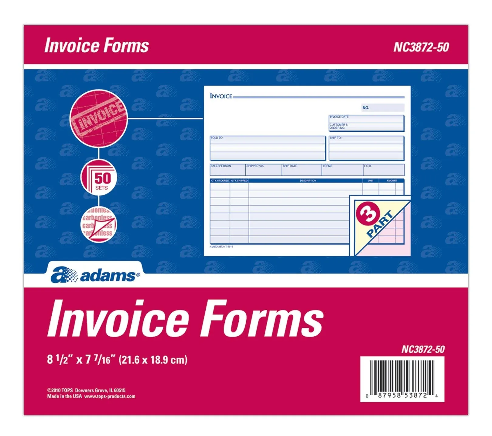 ABFNC387250 Invoice Unit Set, 3-Part, Carbonless, 50/PK