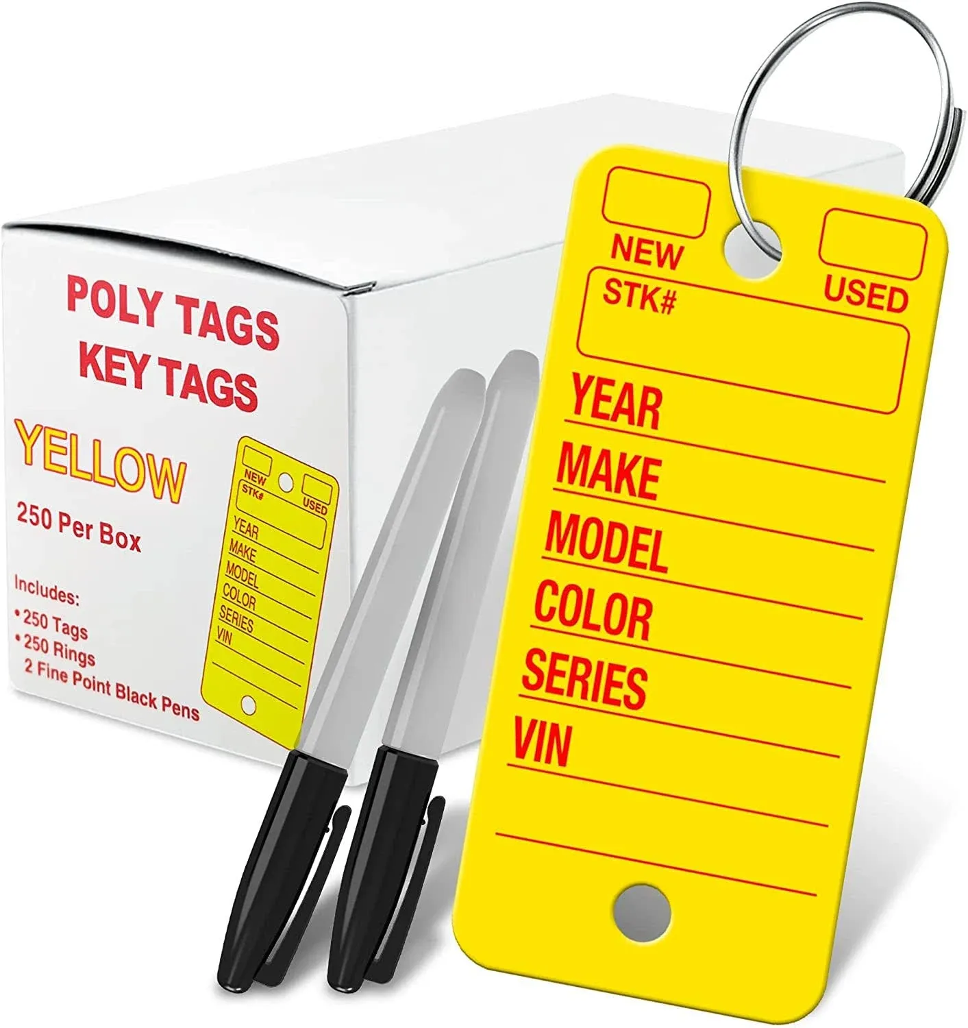 Poly Tag Key Tags with Ring (Yellow) – 250 Key Tag Count. Includes 250 Rings and 2 Fine Point Pens. Car Key Tags Plastic || Automotive Key Tags || Dealer Tags