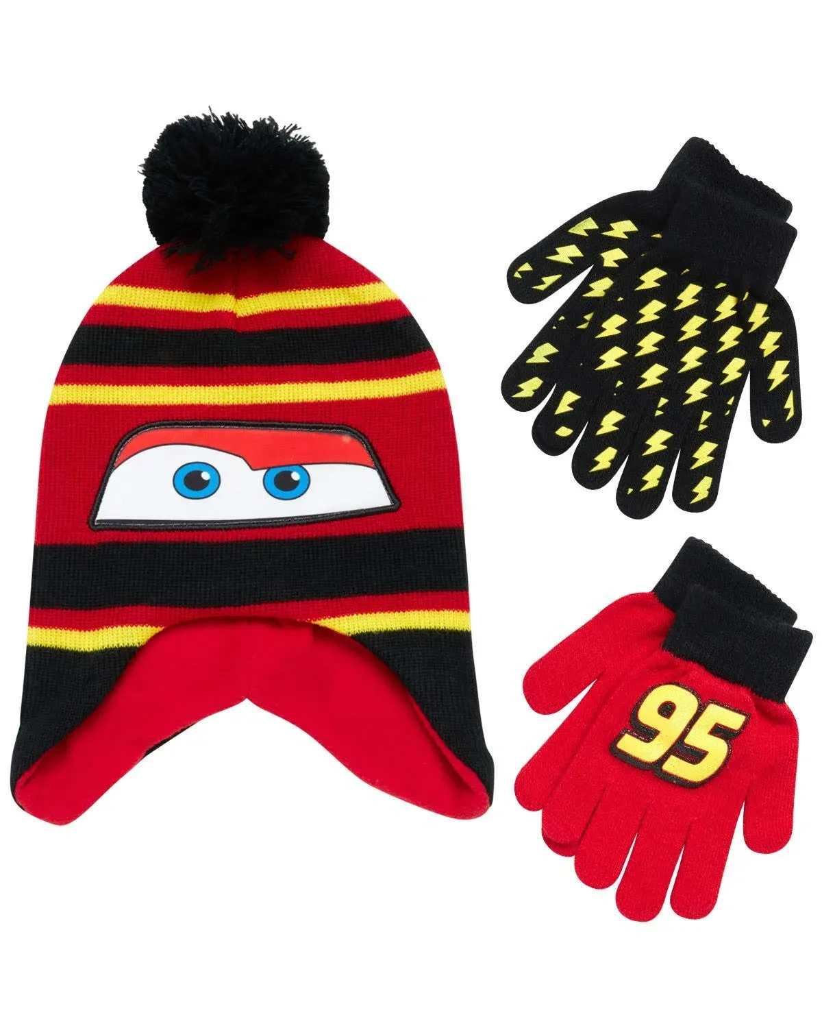 Disney Cars Lightning McQueen Winter Hat 2 Pair Mittens or Gloves (Toddler/Little Boys)