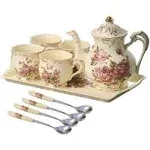 Yolife Red Rose Ivory Ceramic Tea Set,Vintage Tea Set with Teapot,Pretty Tea Set Service for 4