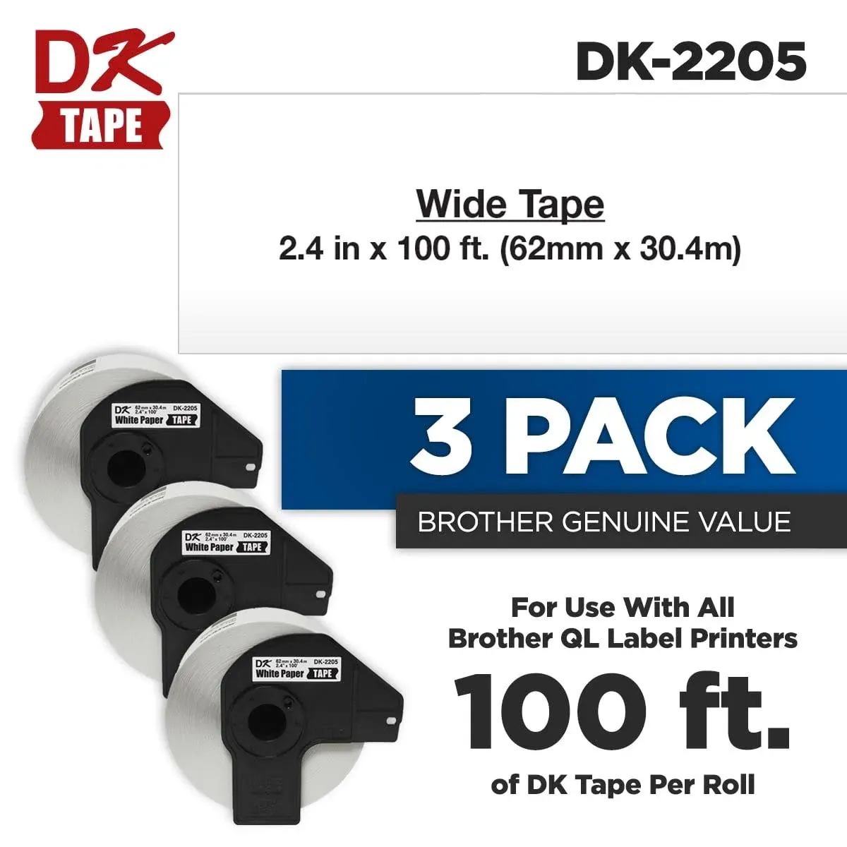 Brother Genuine DK-2205 3-Pack Black Print on White Continuous Length Paper Tape, 2.4" Wide x 100' Long (62mm x 30.4M)/per roll