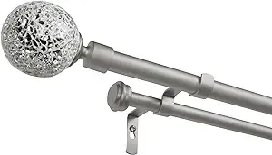 Exclusive Home White Mosaic 1" Curtain Rod and Coordinating Finial Set, Matte Silver, Adjustable 36"-72"