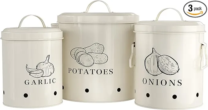 Kook Potato, Onion & Garlic Kitchen Storage Canisters, Rustic Farmhouse Containers with Aerating Holes, Vintage Vegetable Tins, Set of 3, 5 Liter, 2