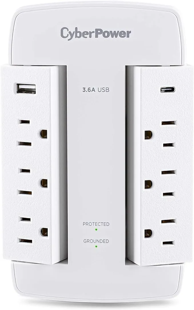 CyberPower CSP600WSURC5 Professional Surge Protector, 900J/125V, 6 Swivel Outlets, 1 USB-C Charge Port, Wall Tap Design, White