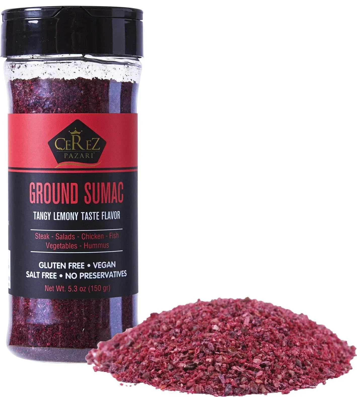 Cerez Pazari - Sumac Spice Powder - Turkish Sumac Seasoning - 5.2oz Easy To Use Flapper Spice Cap- Tangy Lemony Taste Flavor- Gluten Free, Middle Eastern and Mediterranean Spices