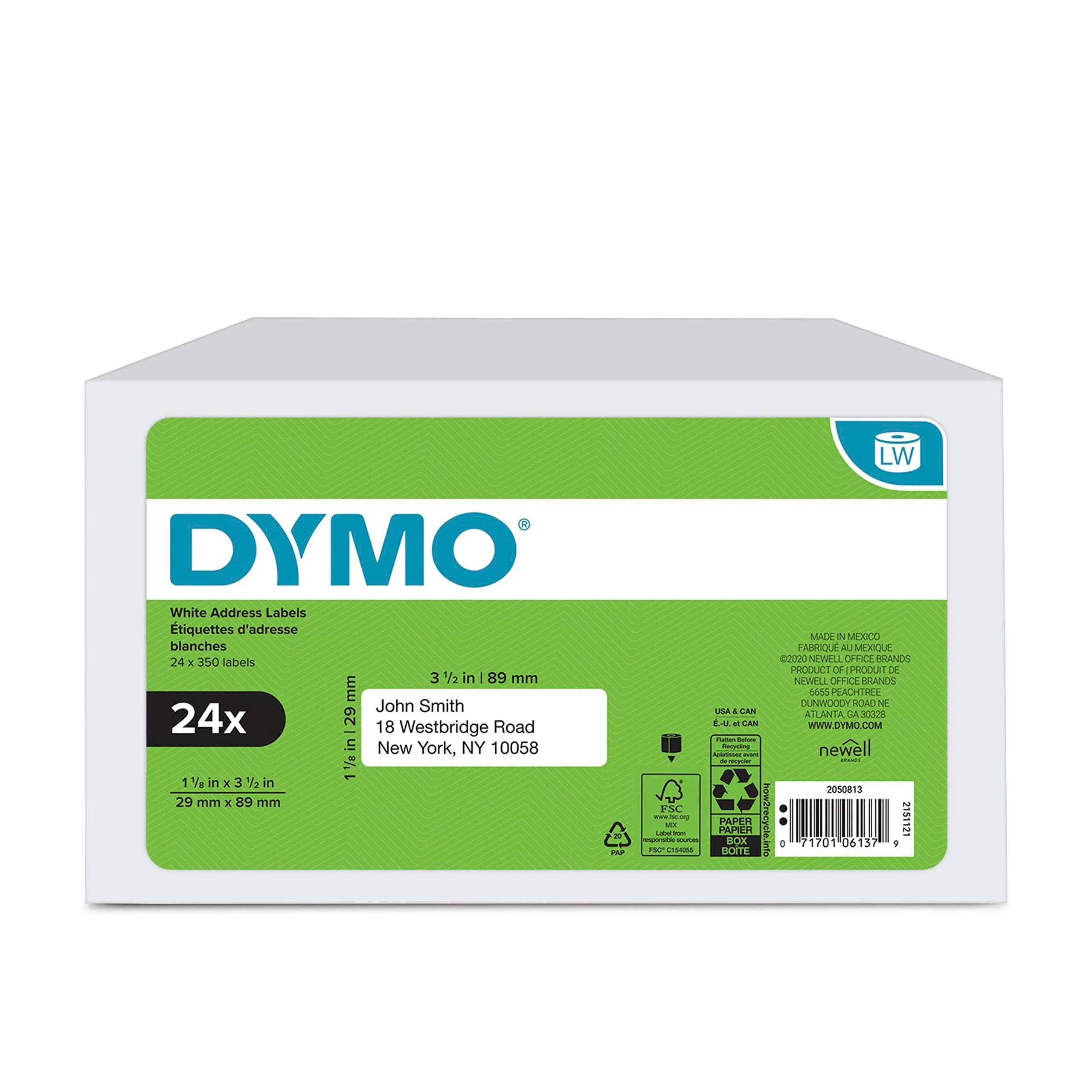 Dymo LW Address Labels, 1.13" x 3.5", White, 350/Roll, 24