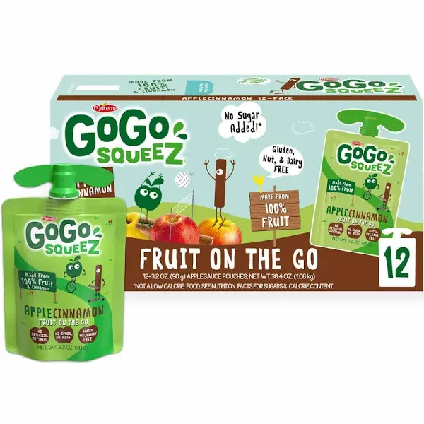 GoGo squeeZ Fruit on the Go, Apple Cinnamon, 3.2 oz (Pack of 18), Unsweetened Fruit Snacks for Kids, Gluten Free, Nut Free and Dairy Free, Recloseable Cap, BPA Free Pouches