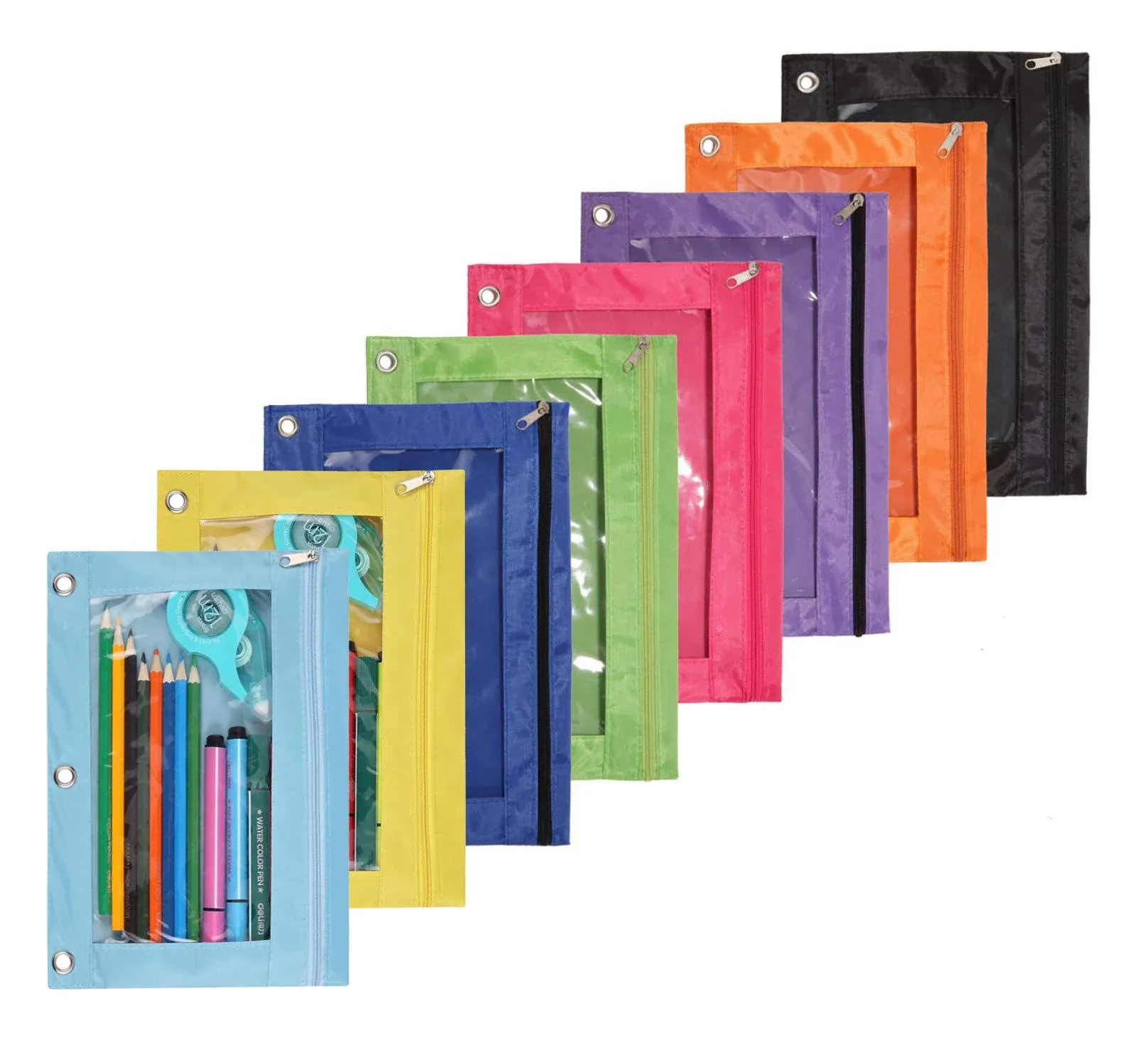 SdeFe Zippered Binder Fabric Pencil Pouch 3 Rings with Clear Window for School Classroom Organizers 8 Pack (Multicolor)