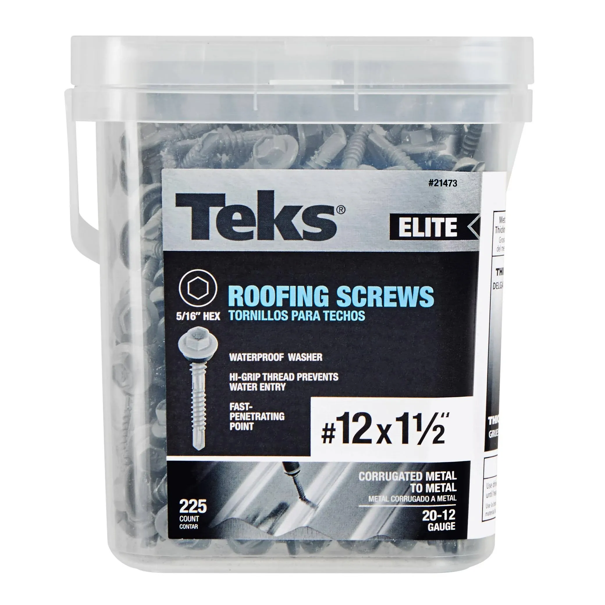 Teks Roofing Screws No. 12 x 1-1/2" L Hex Drive Hex Washer Head 21473