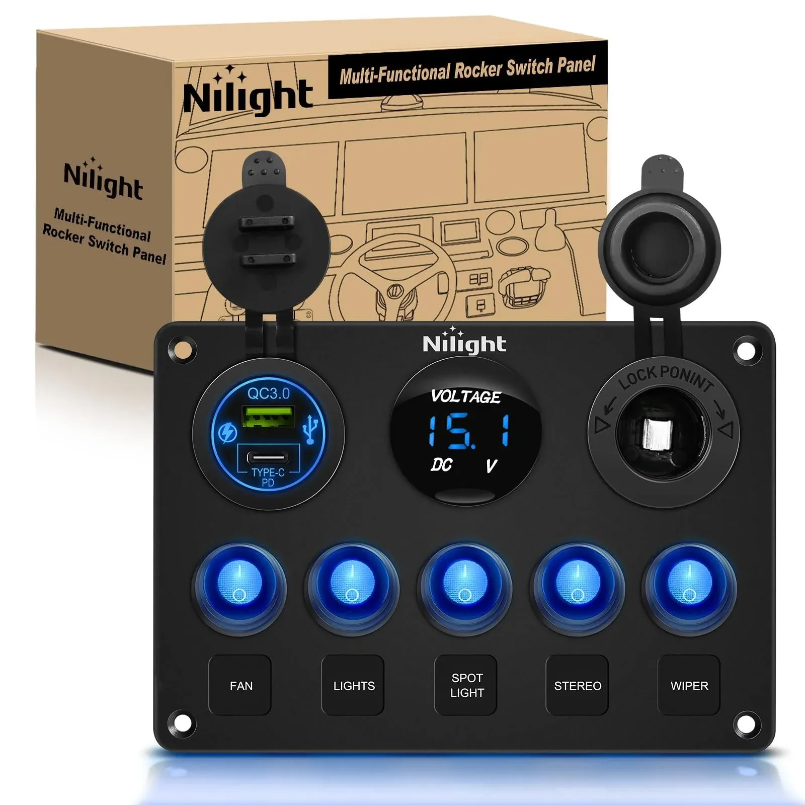 Nilight 5 Gang Multi Function Waterproof Switch Panel PD Type C and USB Charger Digital Voltmeter 12V Outlet Rocker Switch Panel with Inline Fuse for RVs Cars Boats Trucks Trailers