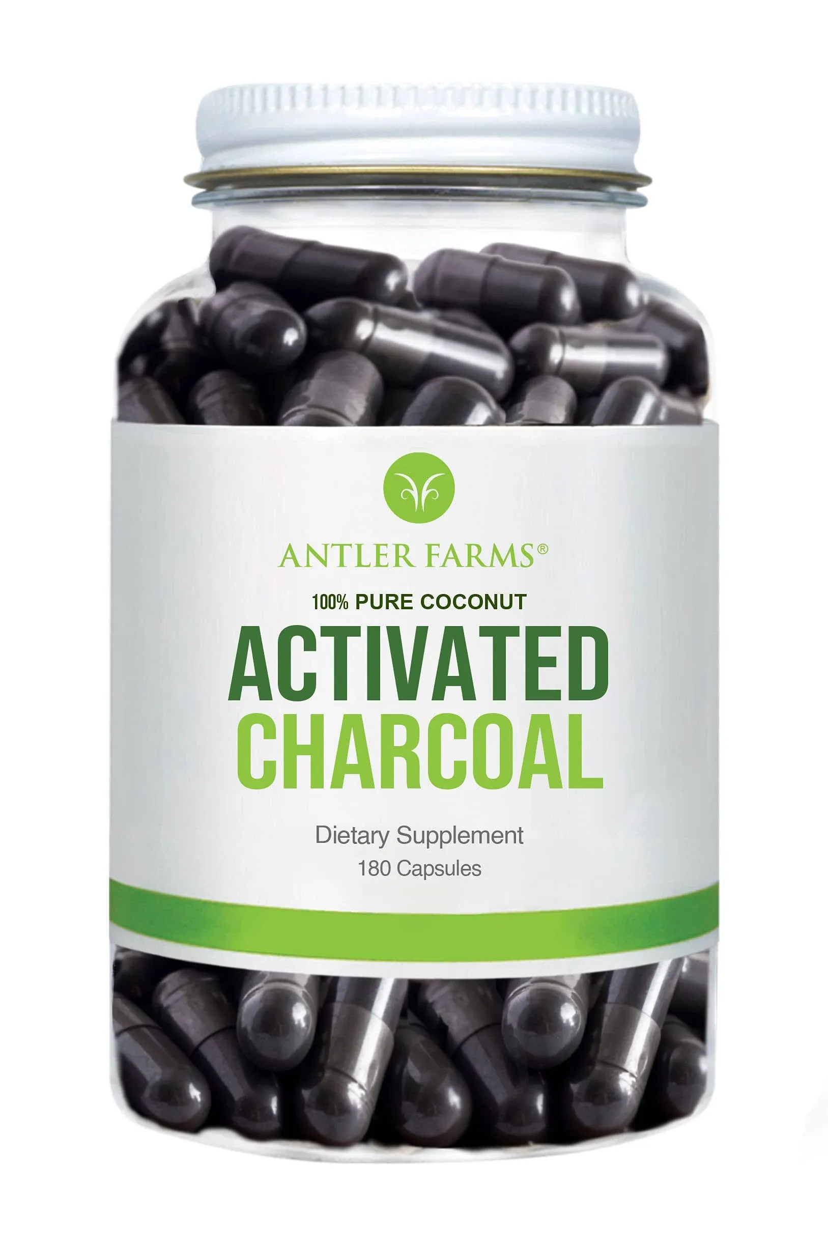 Antler Farms - 100% Pure Coconut Activated Charcoal, 180 Capsules 260mg - Wild Harvested, Virgin Coconut Shell, USP Food Grade, Steam Activated, Ultra Fine