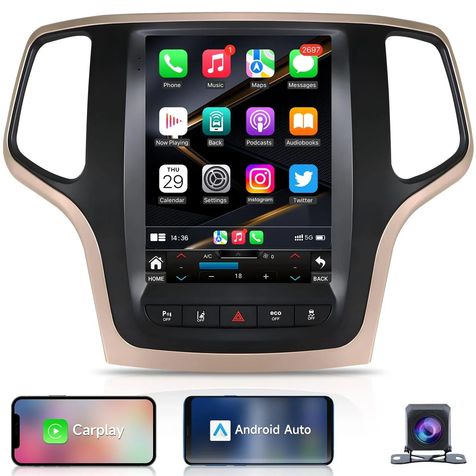 Car Radio Accessories for Jeep Grand Cherokee 2015-2020: 10.4inch Replacement - Stereo 5GWiFi Wireless CarPlay Android Auto - with GPS Navigation (RDS High-Fidelity Sound) Head Unit